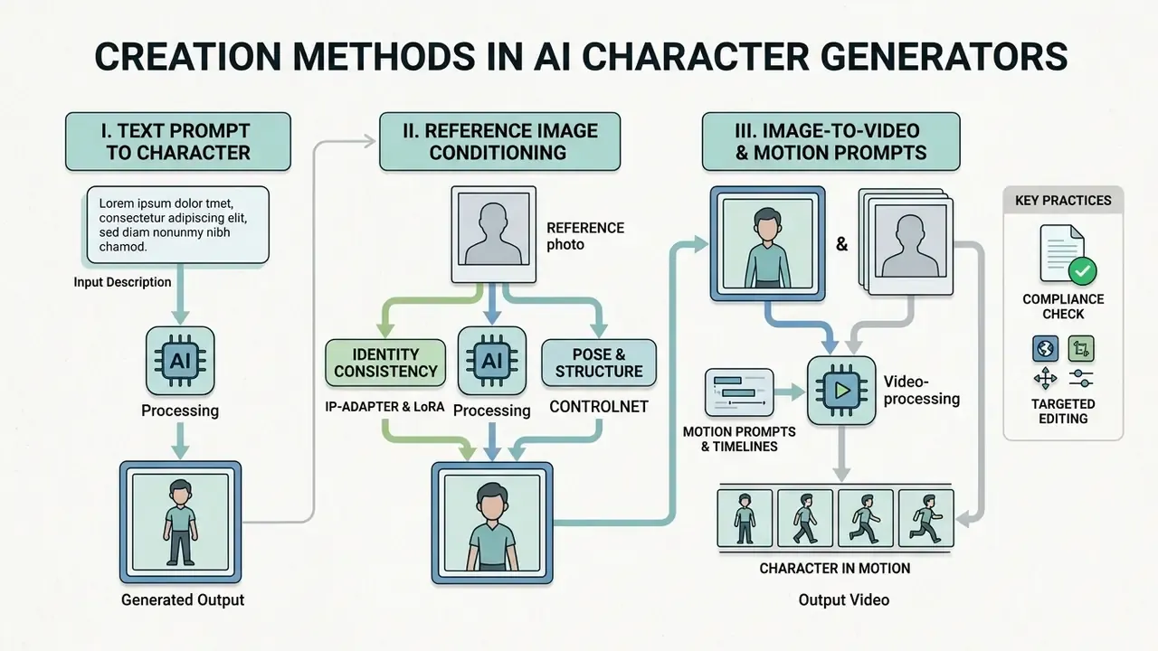 Diagram mapping three distinct digital workflows for producing character images and motion sequences