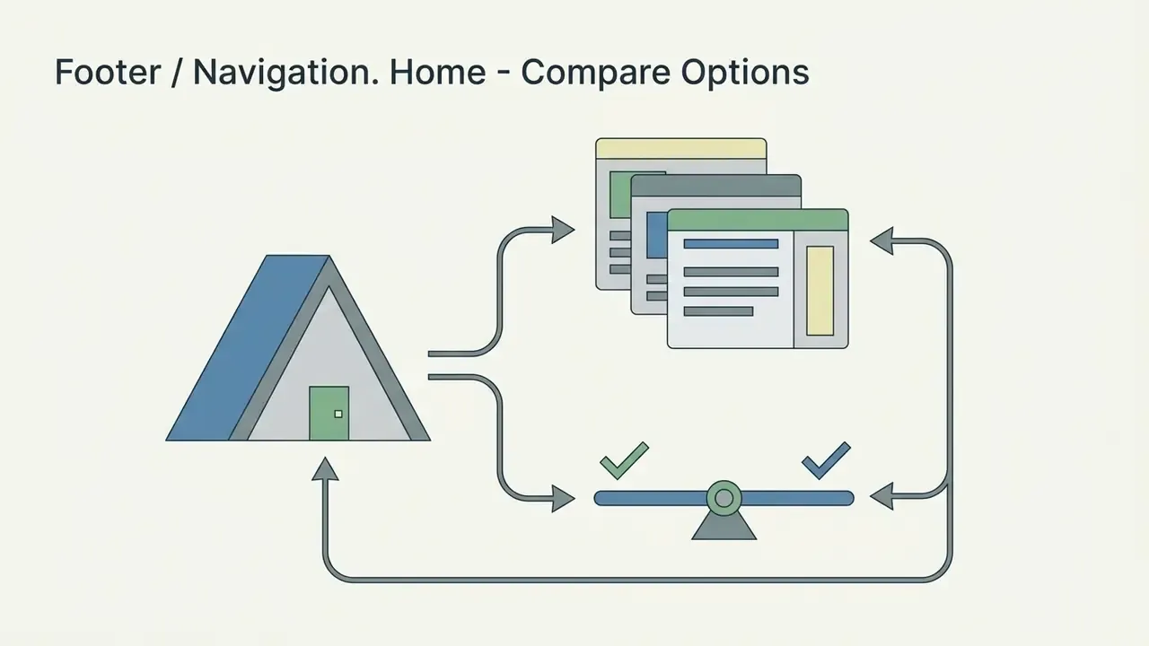 House icon connecting to document stacks and a balance scale for comparing AI logo generator options