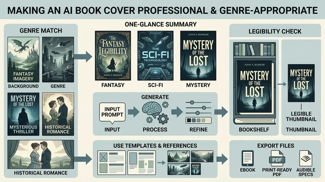 Infographic showing how to match genres, check legibility, and use templates for book cover design