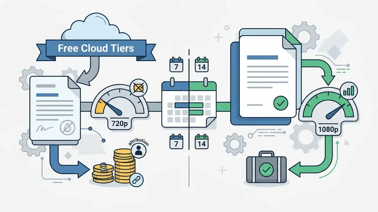 Comparison of free cloud tier limitations and paid desktop software features using gauges and calendars