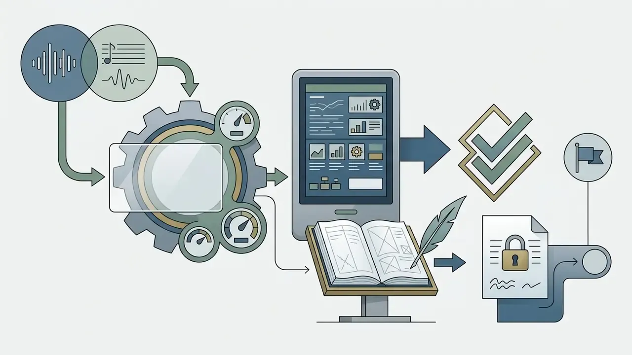 Gear mechanism processing audio data into a digital dashboard and a logged document with a quill pen