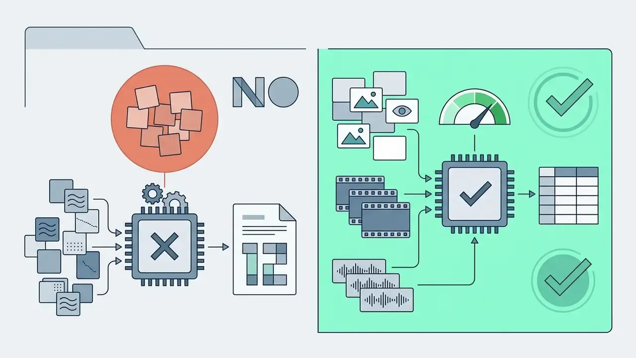 Comparison showing a rejected process with twelve assets versus an approved flow with fifteen inputs