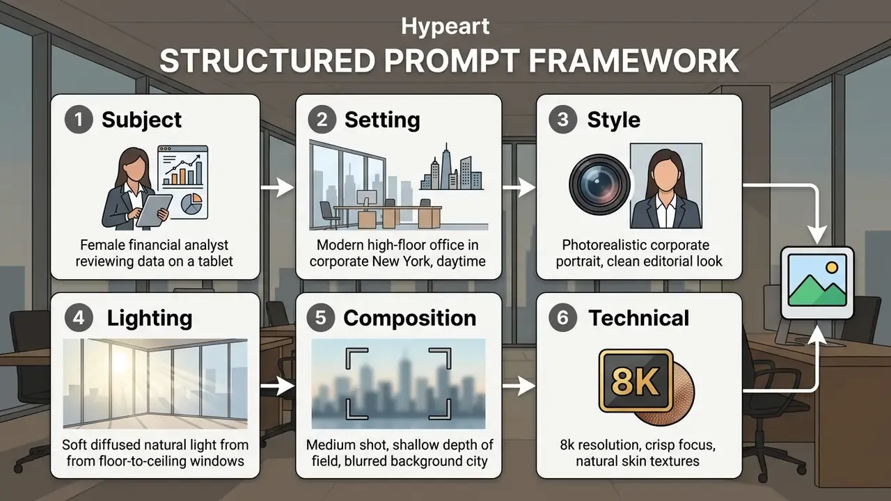 Diagram showing six sequential steps for building an effective AI image generation text prompt