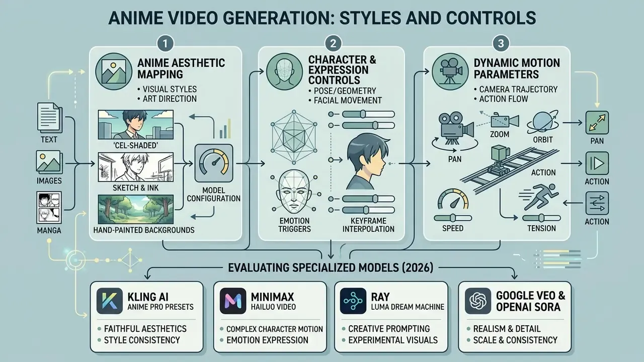 Infographic detailing aesthetic mapping, character controls, and motion parameters for AI video generation