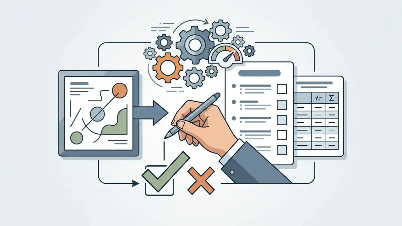 Hand using a pen to mark a checklist next to an interface and mechanical gears
