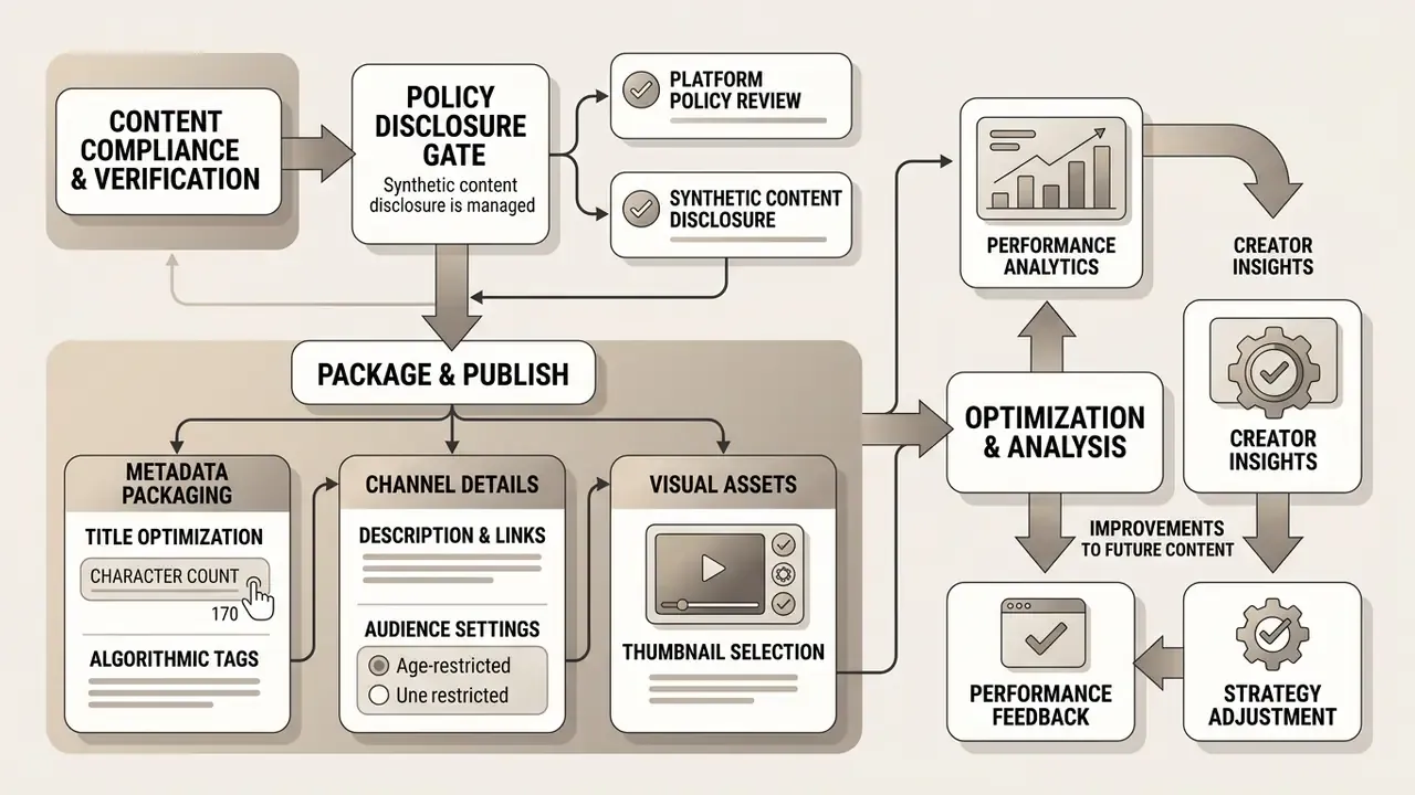 Diagram showing the workflow for content compliance, metadata packaging, and performance optimization