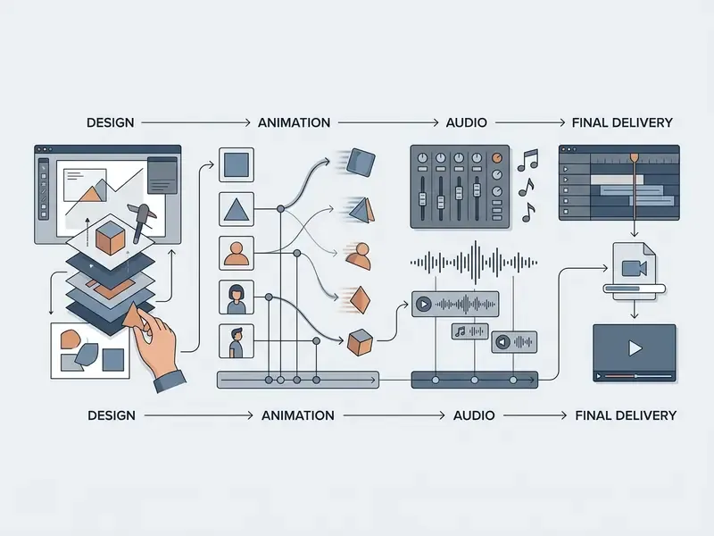 Diagram showing the animated video production workflow from asset design to motion keyframing and delivery