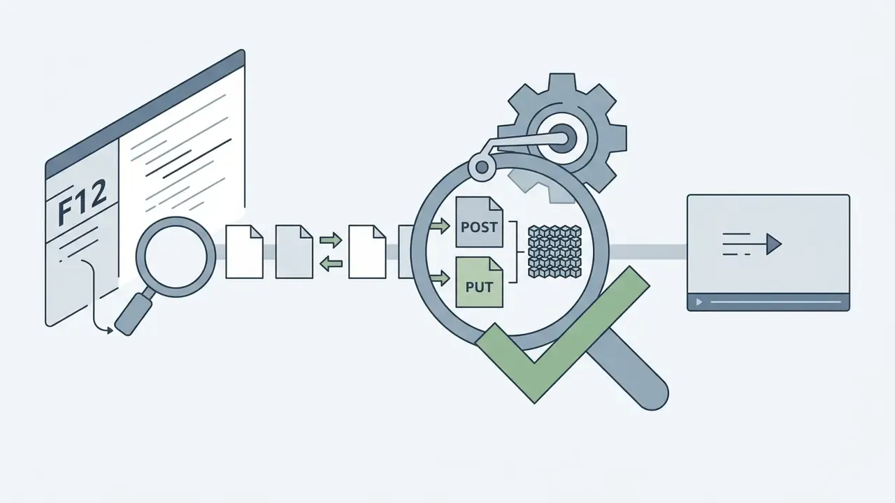 Browser developer tools inspecting network requests and data uploads for media playback verification