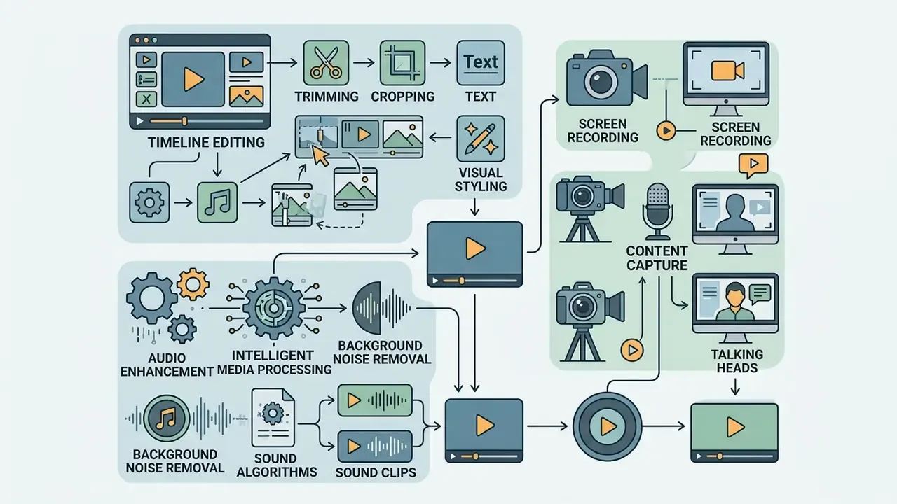 Flowchart showing tools for timeline editing, audio enhancement, screen recording, and talking head videos