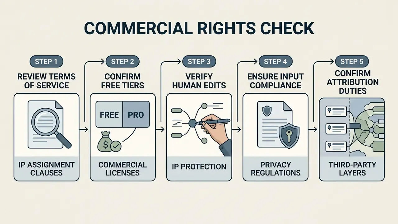 Five sequential steps for evaluating legal and commercial usage rights for digital tools and assets