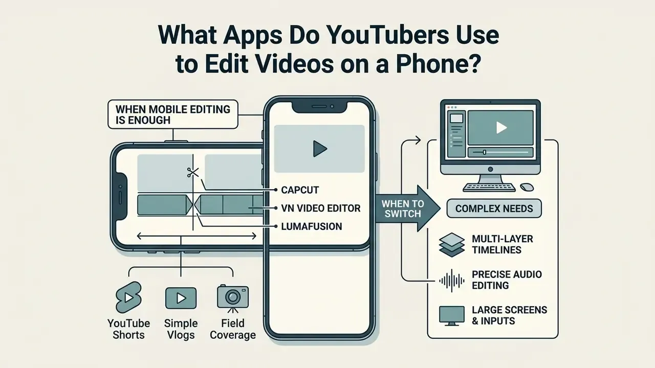 Infographic comparing mobile video editing workflows with desktop software for complex production needs
