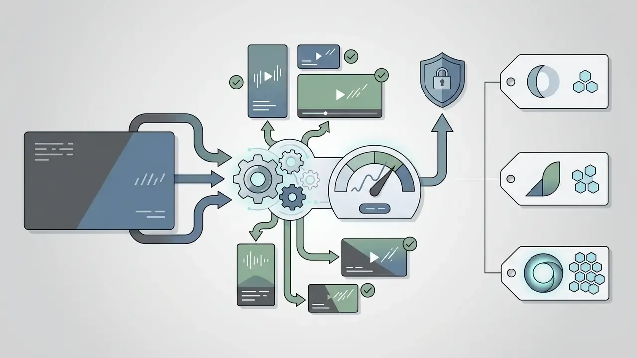 Video files moving through a processing system to create clips and security-verified output tags