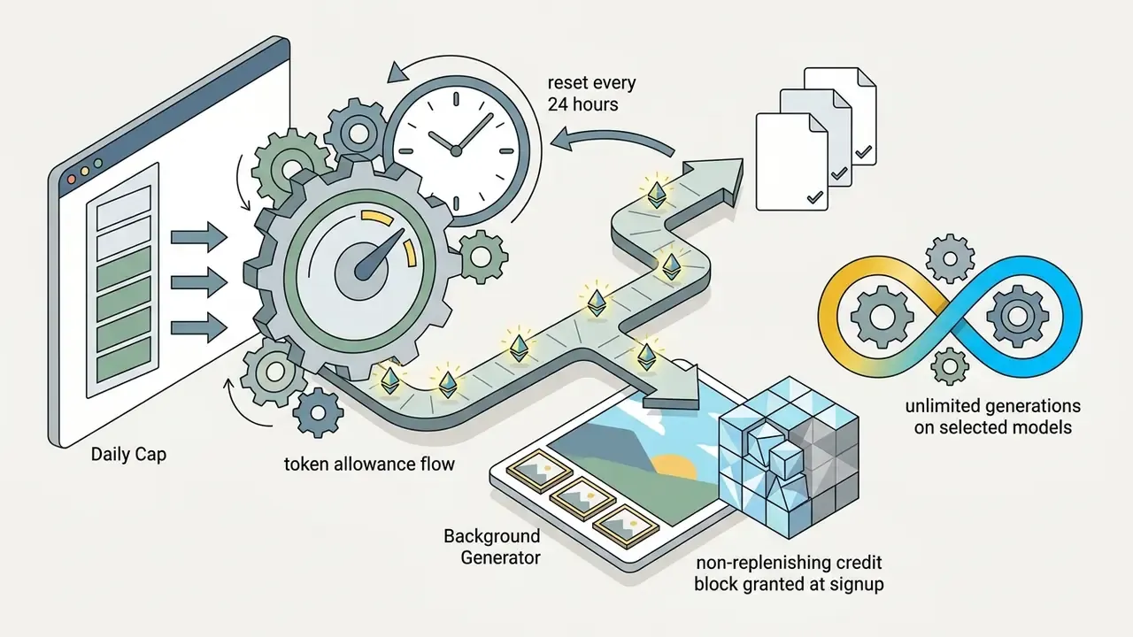 Gears and a clock representing daily token limits, replenishment cycles, and credit blocks for software