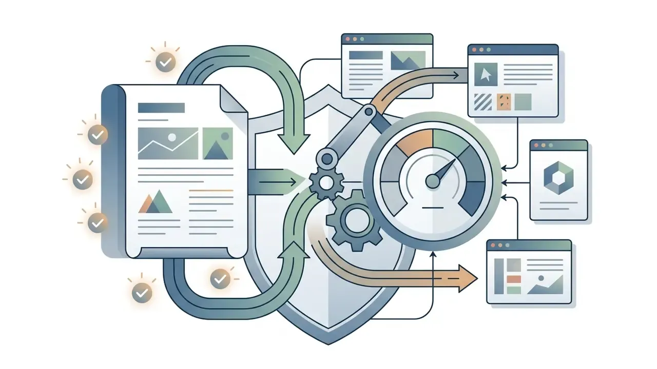 Document processing workflow with a shield icon, gears, and a gauge measuring AI portrait generator output