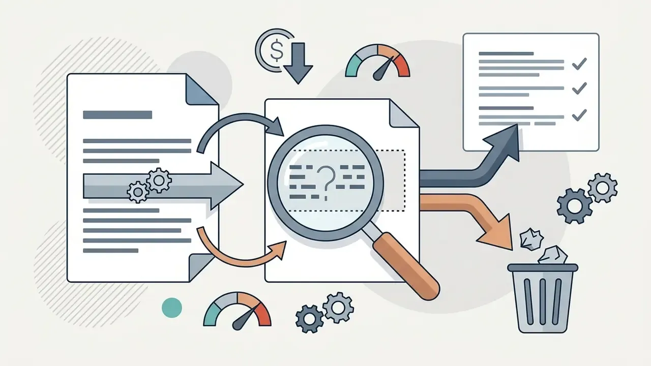 Document being analyzed by a magnifying glass with results branching into a checklist and a trash bin
