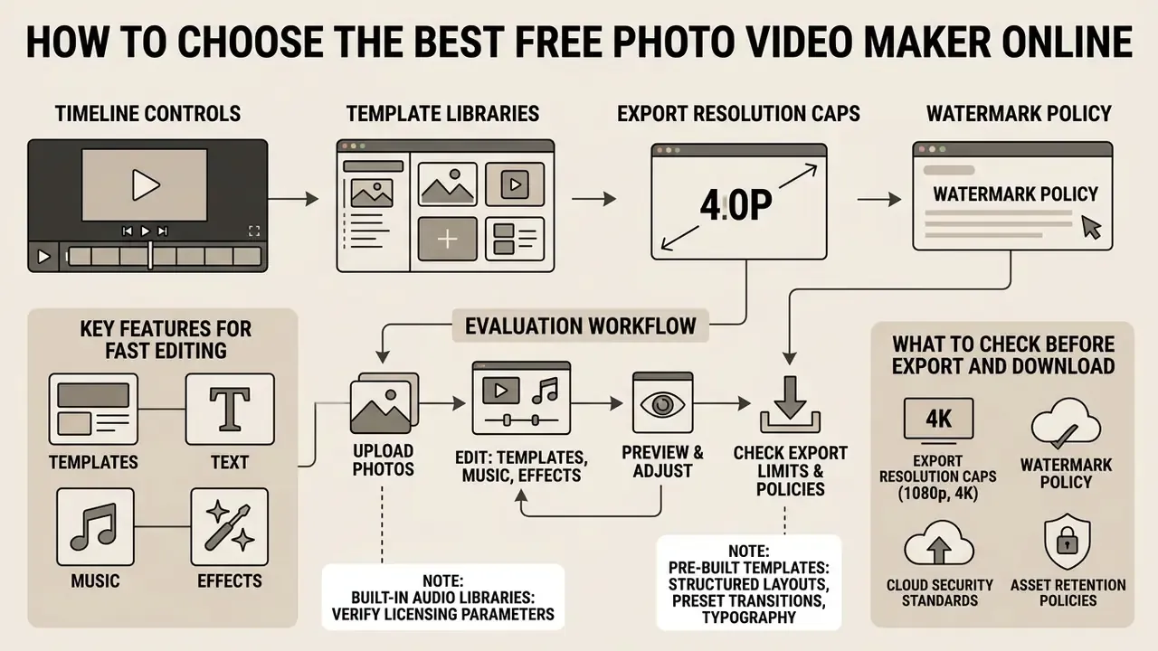 Flowchart outlining criteria for evaluating browser-based media editing tools and export requirements