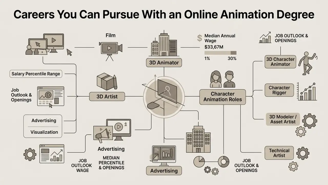 Map of professional roles including 3D animator, rigger, and modeler with salary and job outlook data