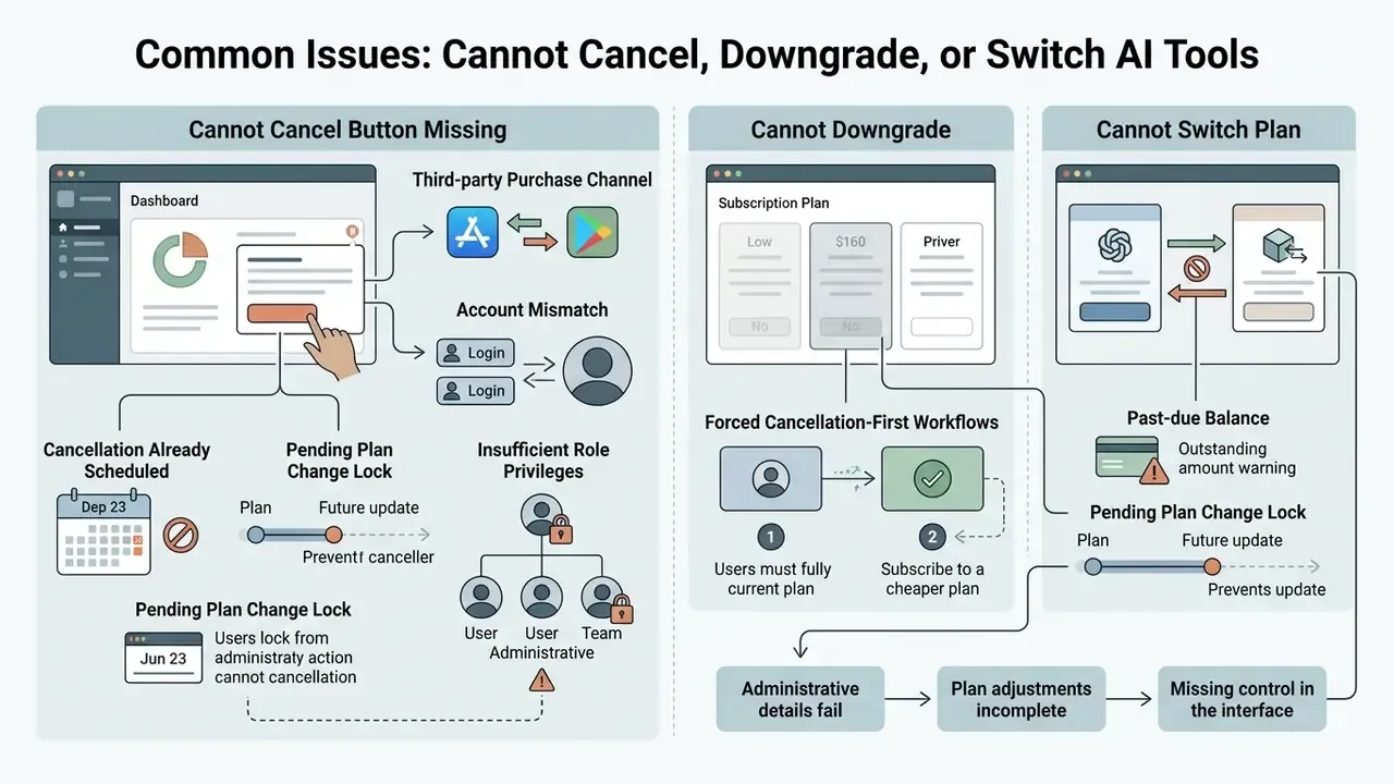 Diagram summarizing reasons for subscription management failures like missing buttons or account locks