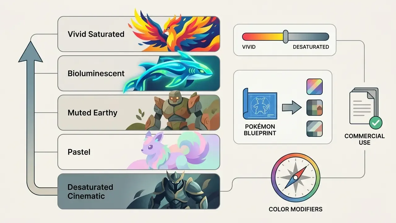 List of color styles for creature designs with a color slider, blueprint icon, and navigational compass