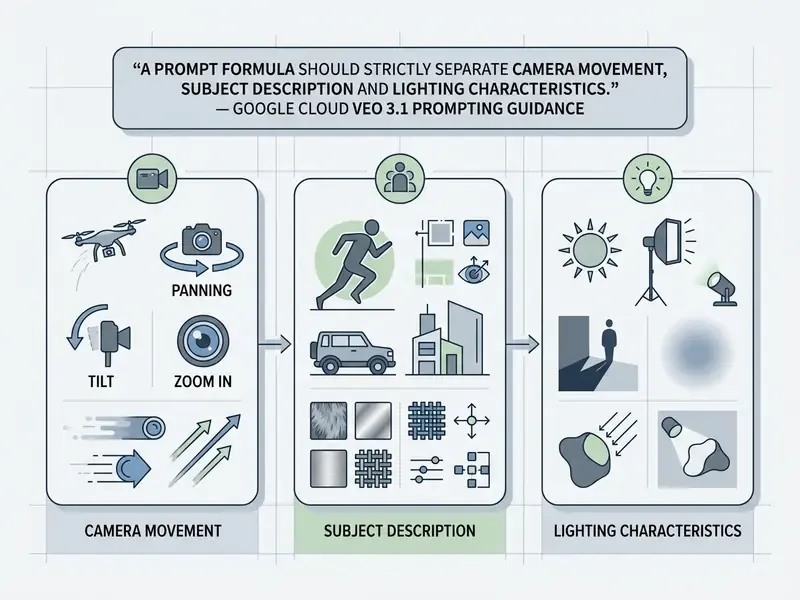 Graphic illustrating the three essential components of a Google Veo prompt for video generation