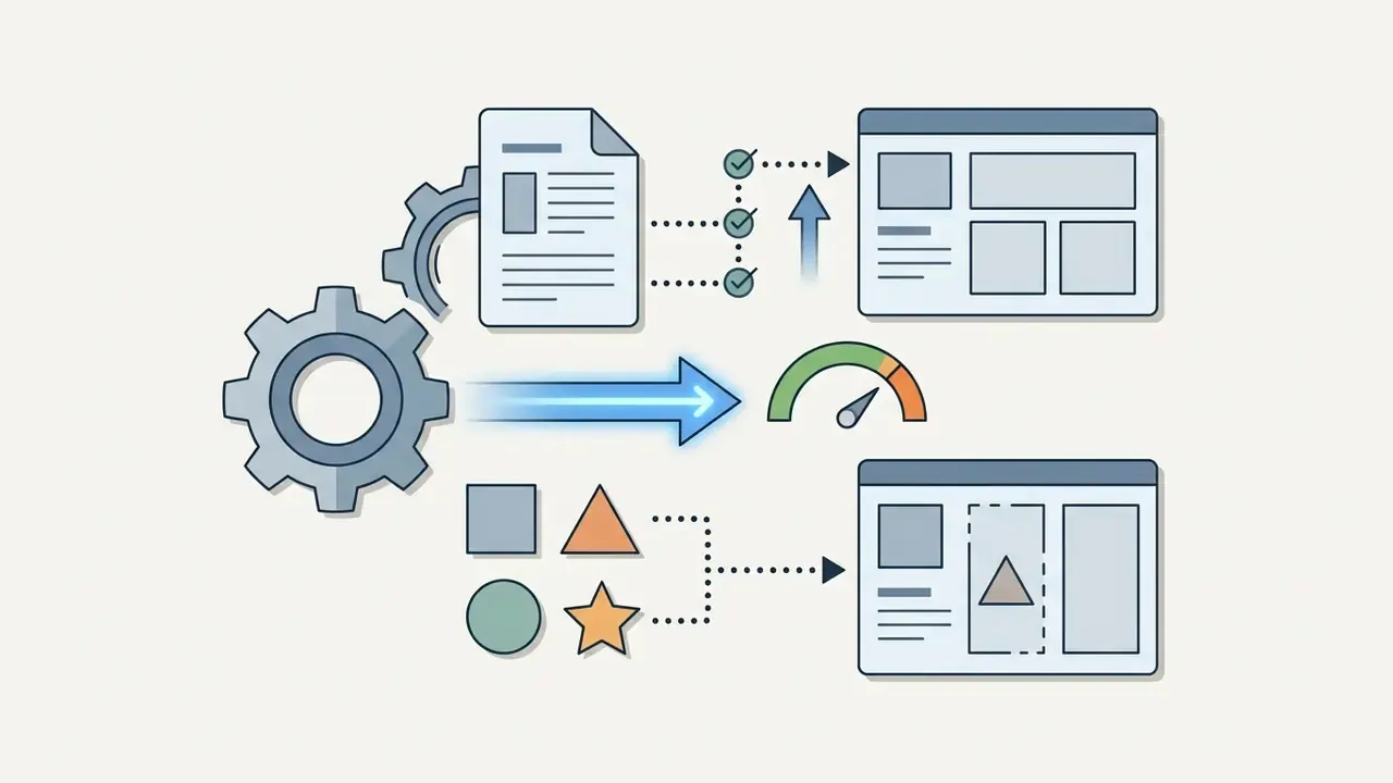 Gears processing documents and shapes into structured website layouts with a performance gauge indicator