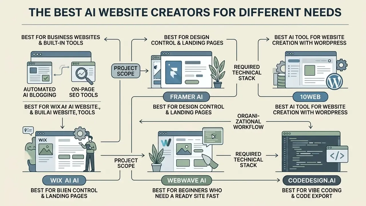 Flowchart mapping various AI website creators to specific project needs and technical requirements