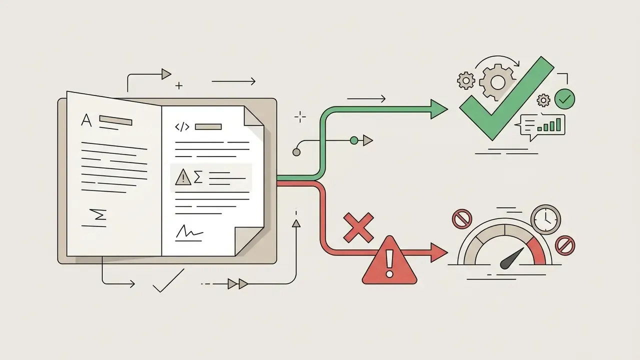 Open document branching into a green checkmark path for compliance and a red warning path for restrictions