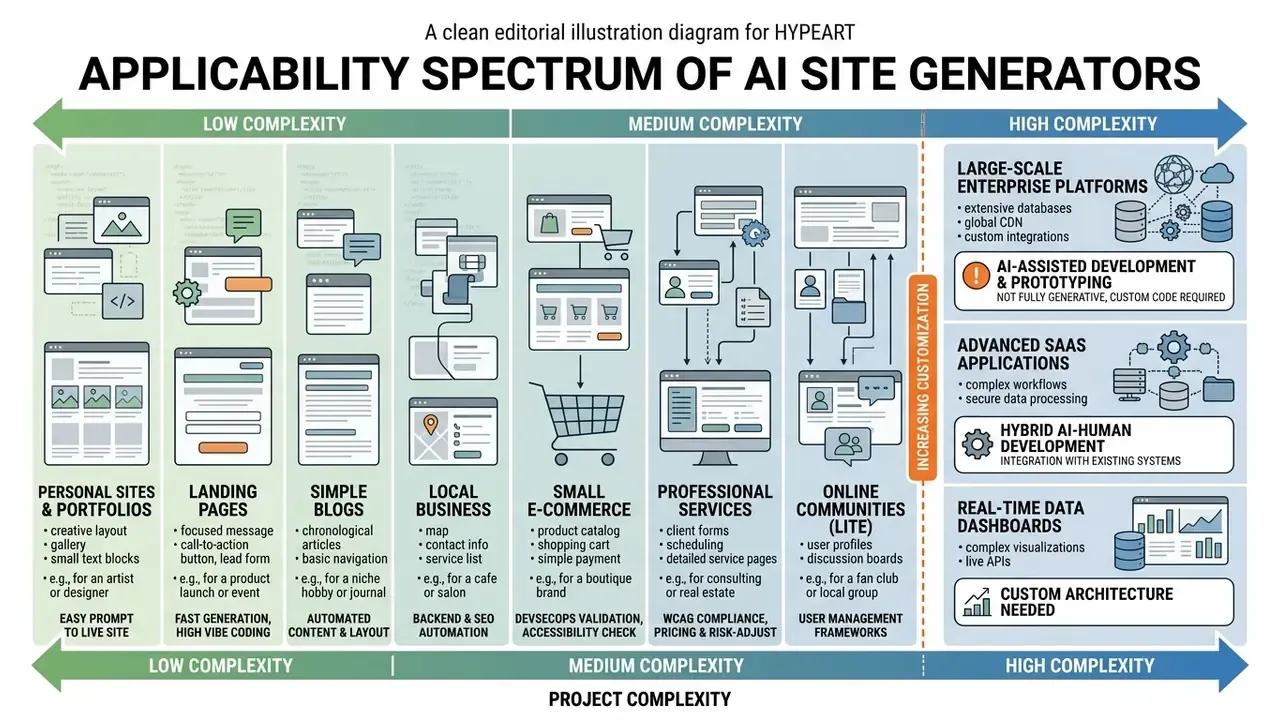 Diagram mapping website project types by complexity levels from simple personal sites to enterprise platforms