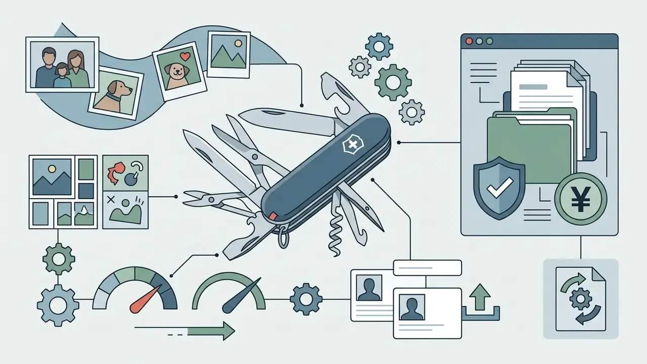 Multi-tool knife connected to icons representing family photos, file management, and performance metrics