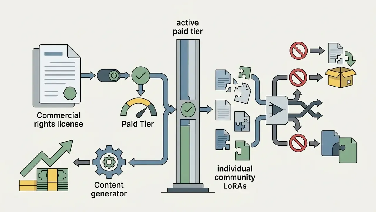 Flowchart showing how commercial licenses and community LoRAs influence SeaArt AI content generation