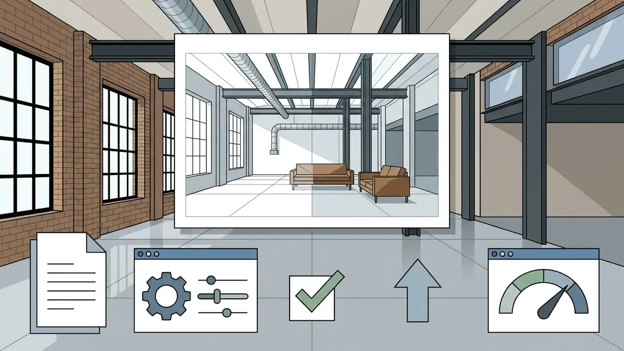 Industrial loft interior with a central rendering overlay and icons for settings and performance
