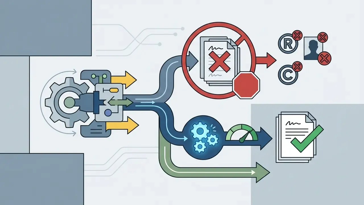 Mechanical gears processing data into restricted copyright symbols or approved document assets