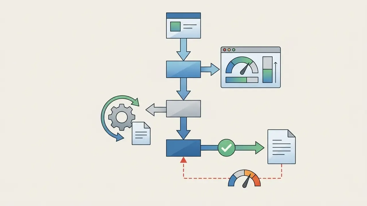 Vertical process steps connecting a speed gauge and a document cycle to a final verified output