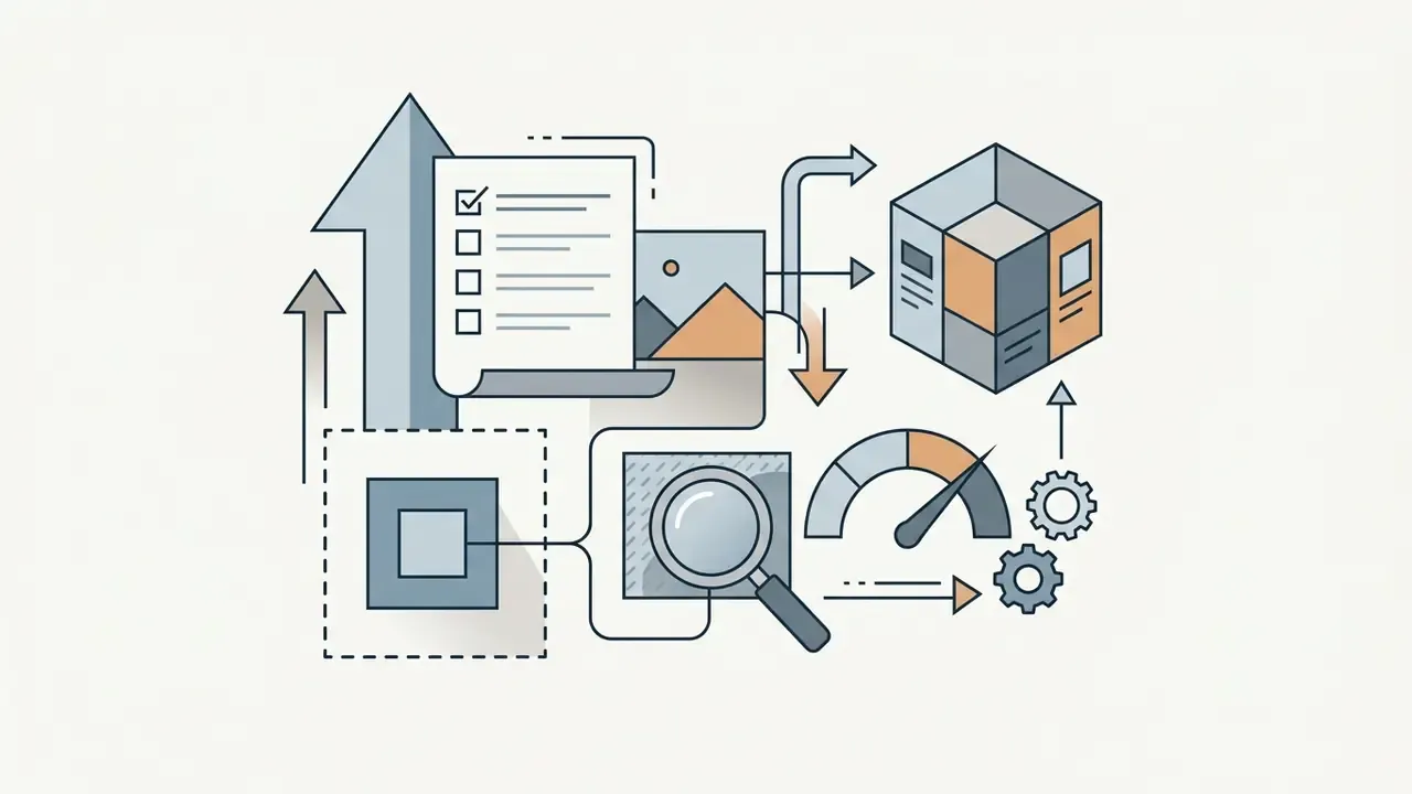Icons of a checklist, magnifying glass, and gauge representing technical image validation for AI video