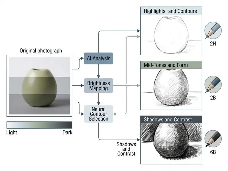Process diagram showing how AI maps photographic brightness to simulated graphite pencil hardness levels