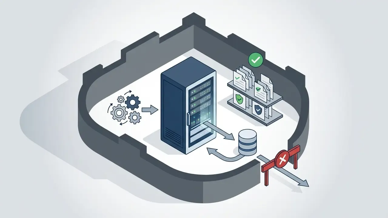 Server and documents inside a fortified perimeter with a blocked exit to prevent data leakage