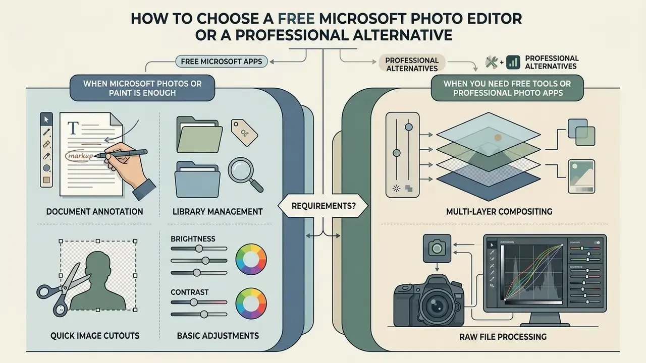 Comparison of features for choosing between a basic Microsoft photo editor and professional software
