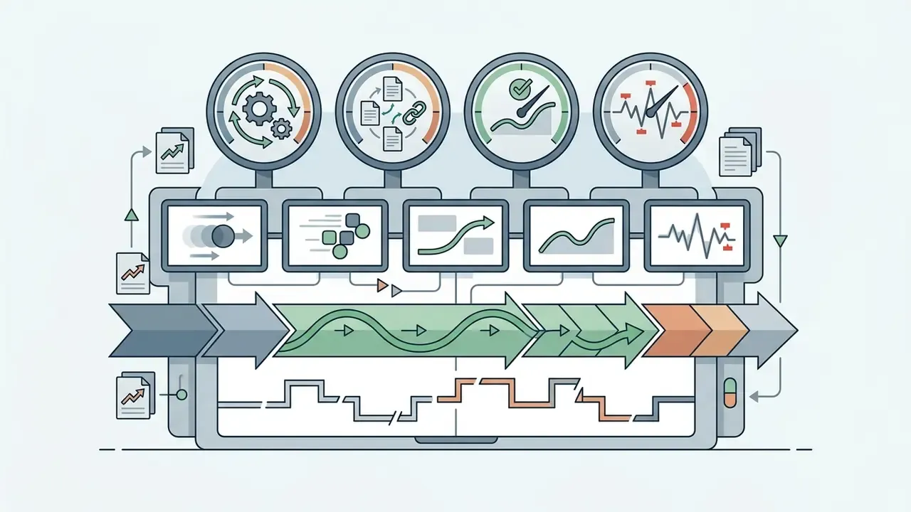 Gauges and monitors tracking motion flow and jitter metrics across a series of connected processing steps