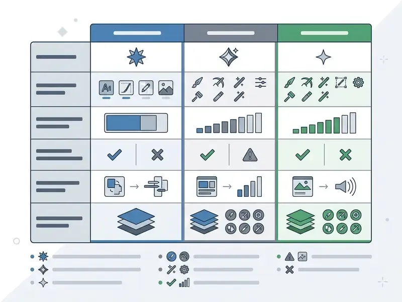 Comparison table displaying features and capabilities of three distinct software service tiers