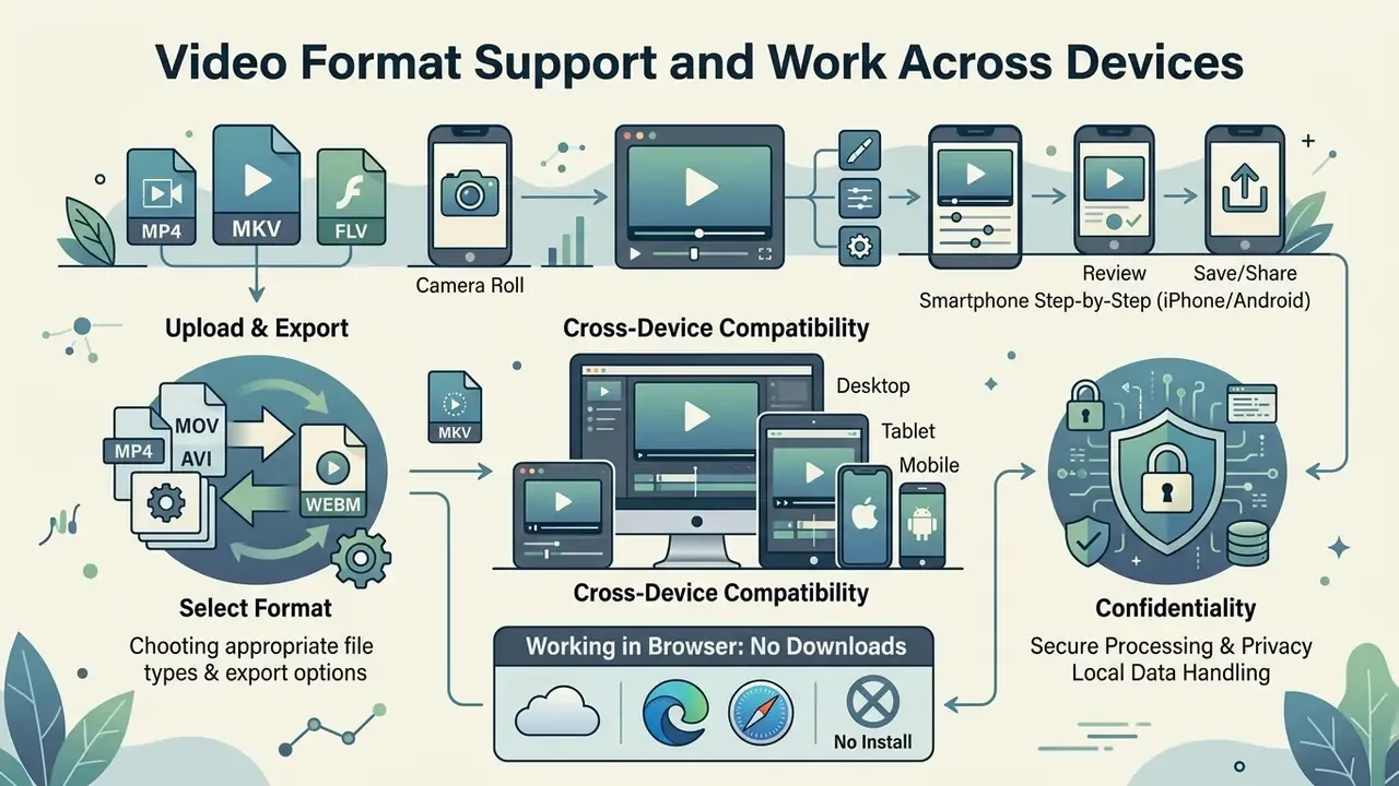 Infographic showing browser-based video processing, file format conversion, and cross-device compatibility