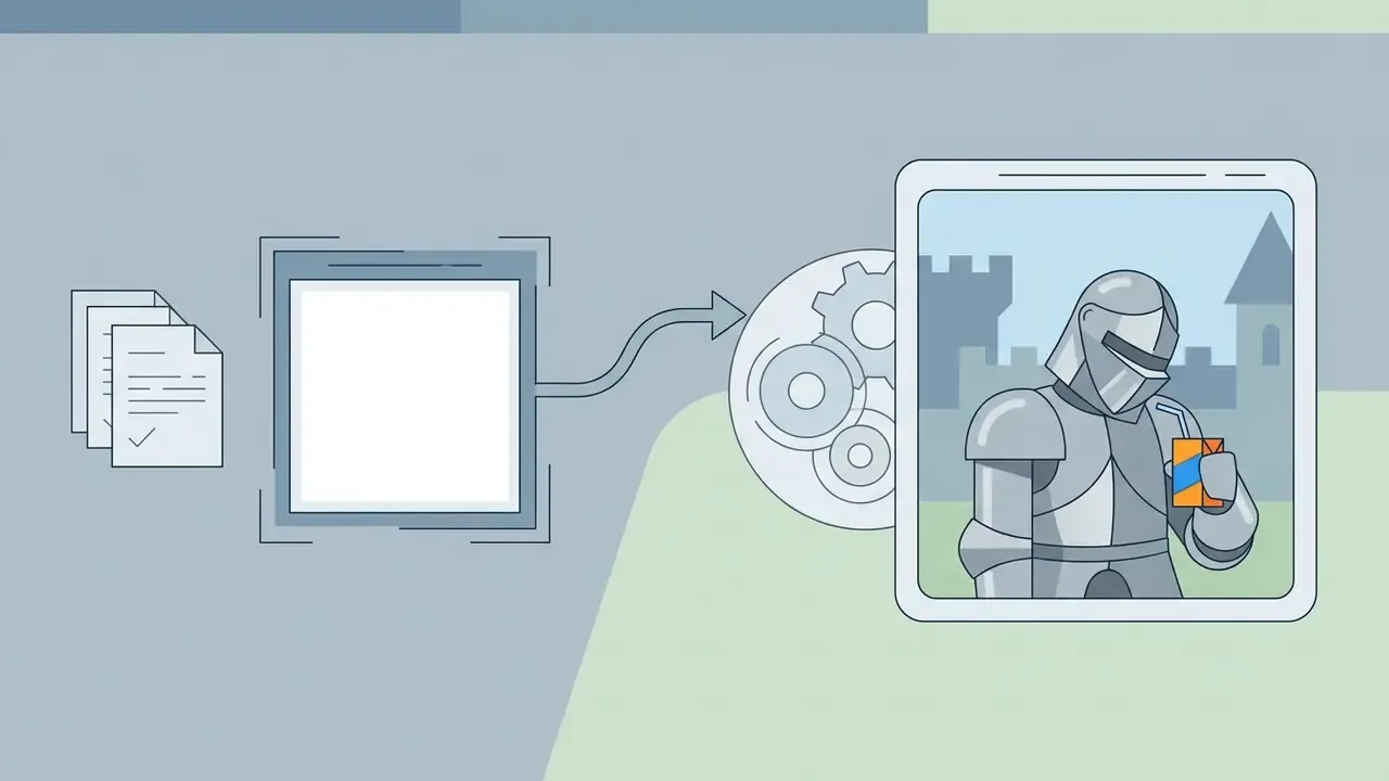 Document with prompt text transforming into a knight in armor struggling to open a juice box