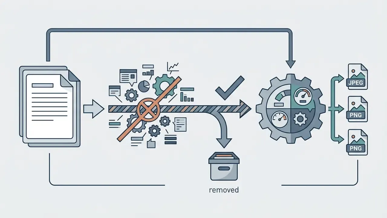 Documents feeding a gear processor that filters out elements and outputs JPEG and PNG file formats