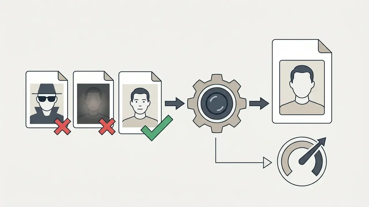 Selection of valid and invalid portrait photos feeding into a processing gear to create a final avatar