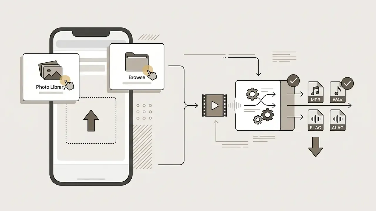 Smartphone interface showing file upload options for a tool to extract audio from video online