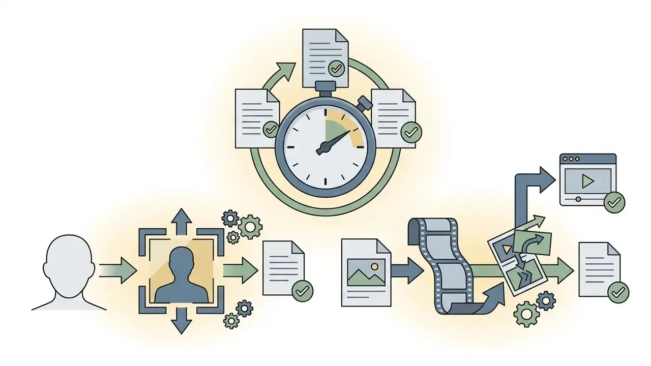 Two pathways showing body swap and motion animation processes with a central timer icon
