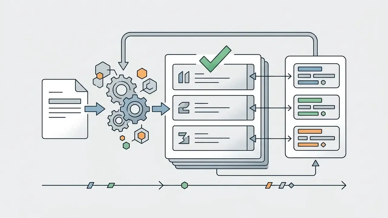 Data processing steps passing through gears to a checklist and audit trail with a timeline below