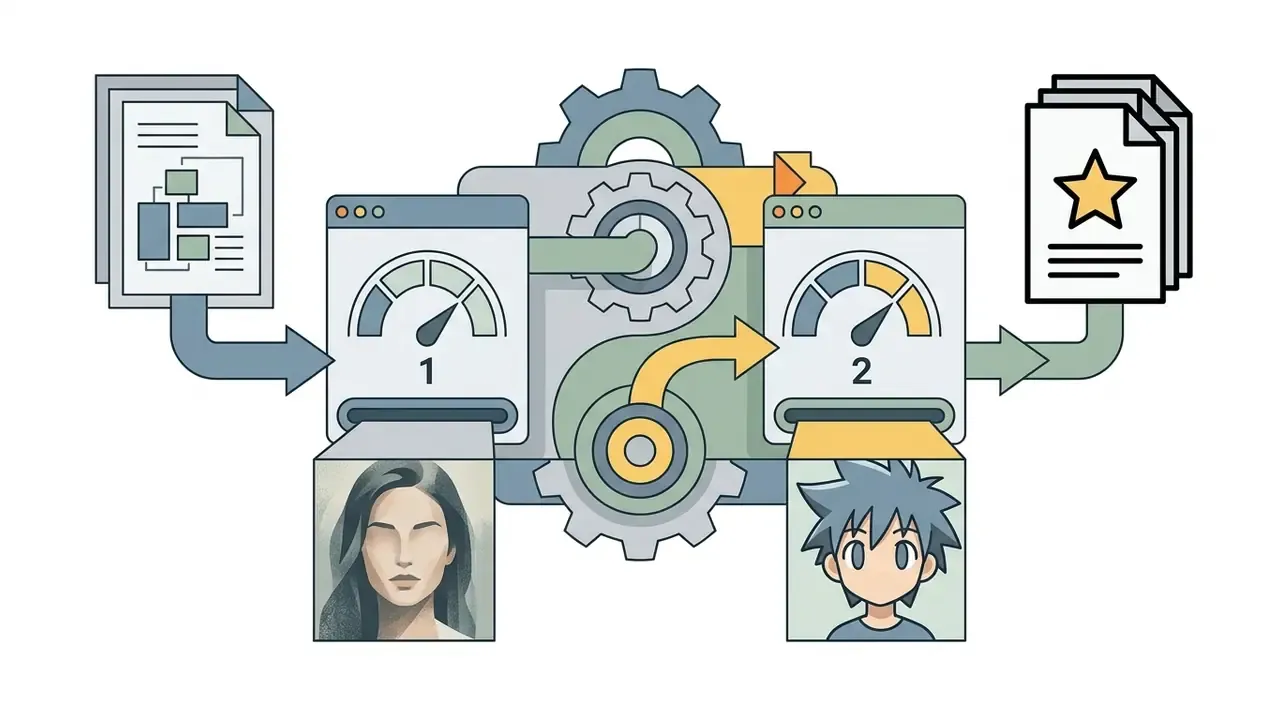 Two gauges connected by gears processing realistic and anime style images into documented results