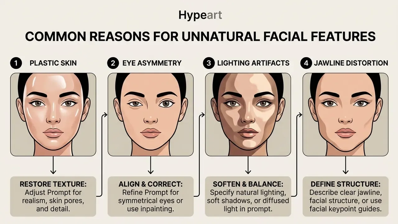 Four side by side facial portraits showing common AI generation errors and their corresponding fixes