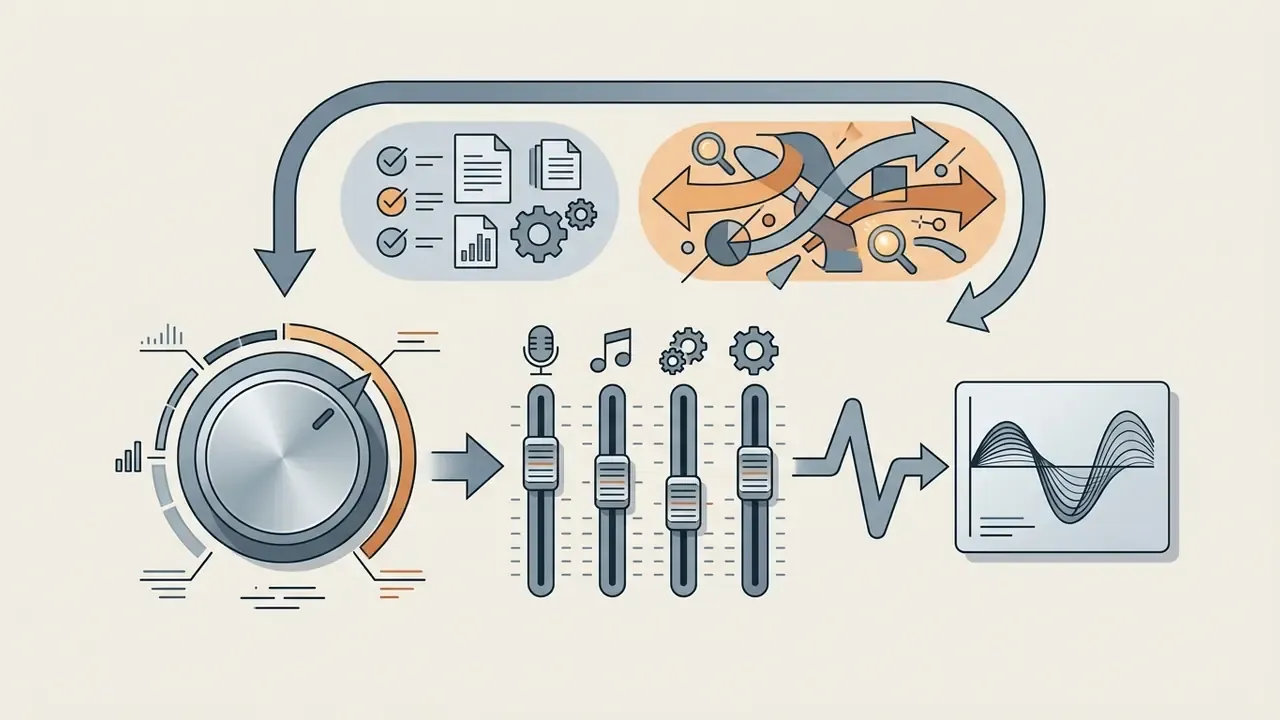 Control dial and vertical faders adjusting audio generation parameters to produce a sound waveform