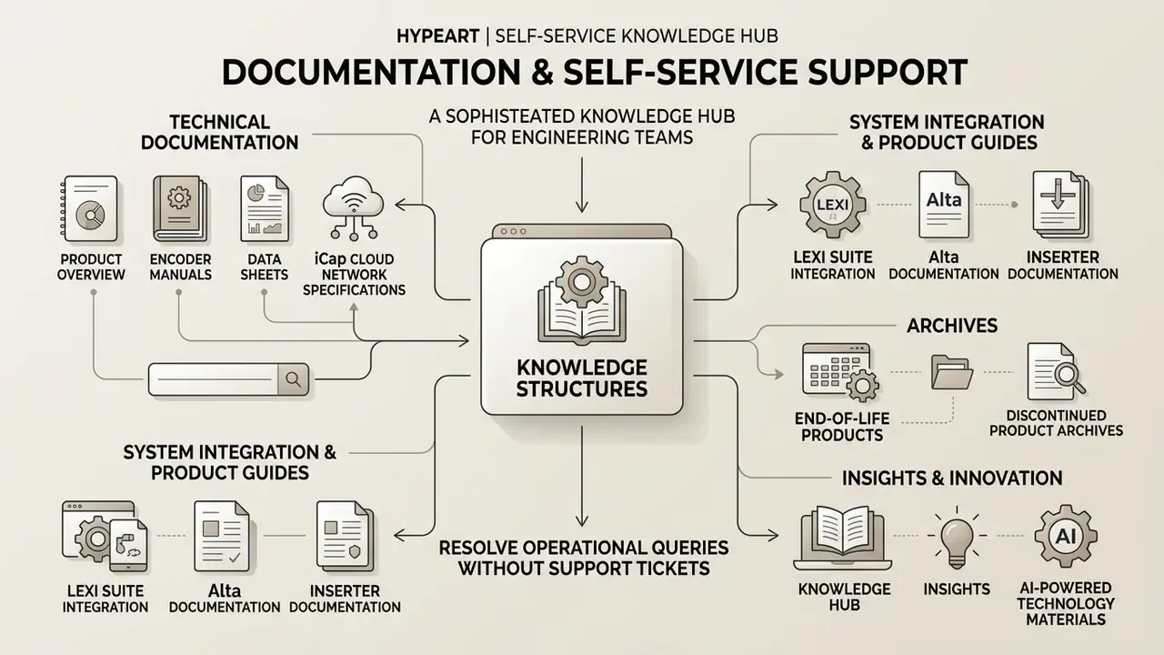 Diagram mapping technical documentation, product guides, and AI-powered resources for engineering teams